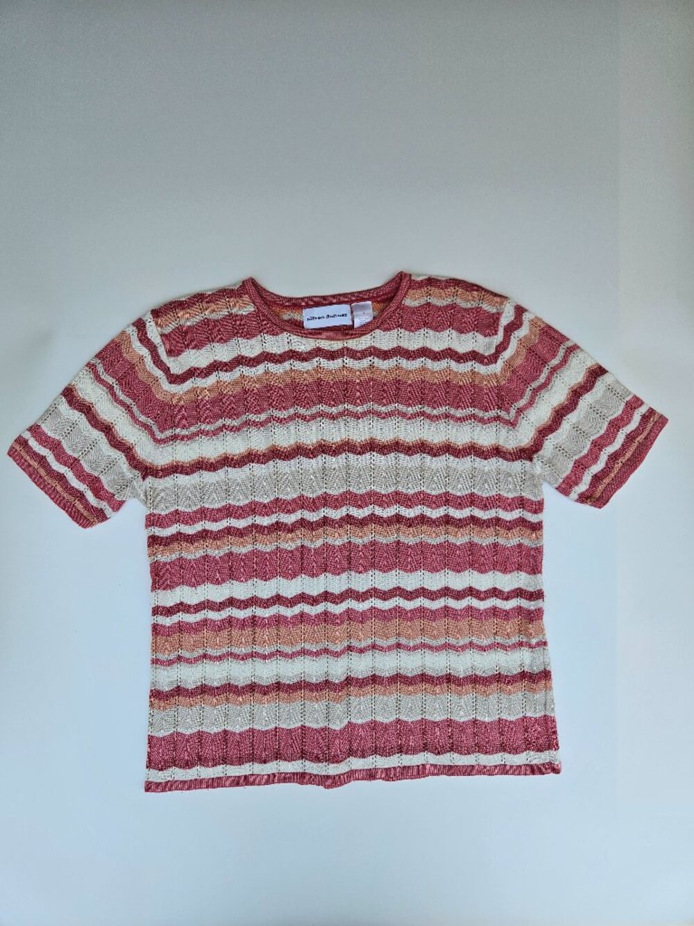 Alfred Dunner Women Large Pink Striped Pointelle Knit Top Grandmacore